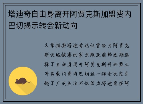 塔迪奇自由身离开阿贾克斯加盟费内巴切揭示转会新动向 塔迪奇自由身离开阿贾克斯加盟费内巴切揭示转会新动向