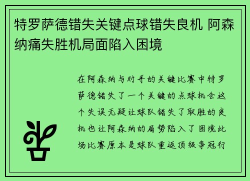 特罗萨德错失关键点球错失良机 阿森纳痛失胜机局面陷入困境